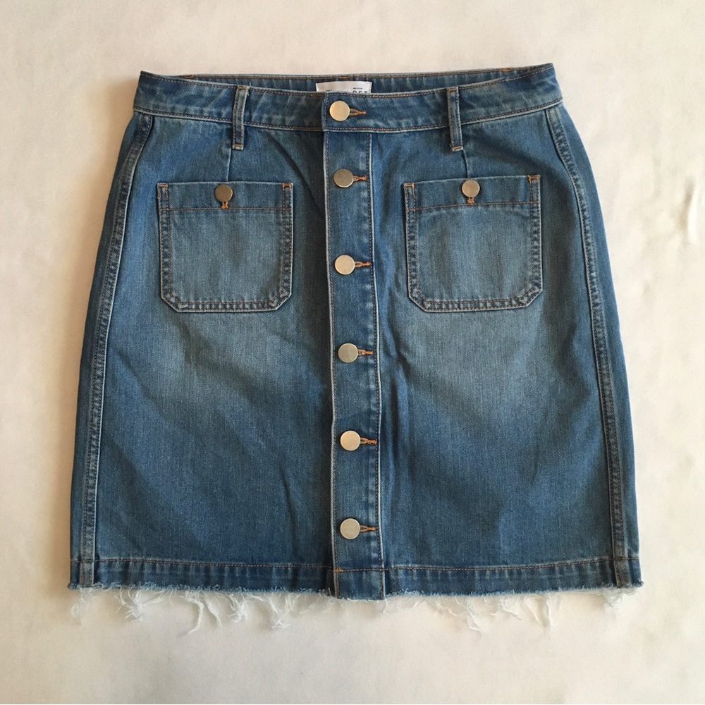 Ann Taylor Loft Button Up Denim A-Line Fringe Mini Skirt size 8